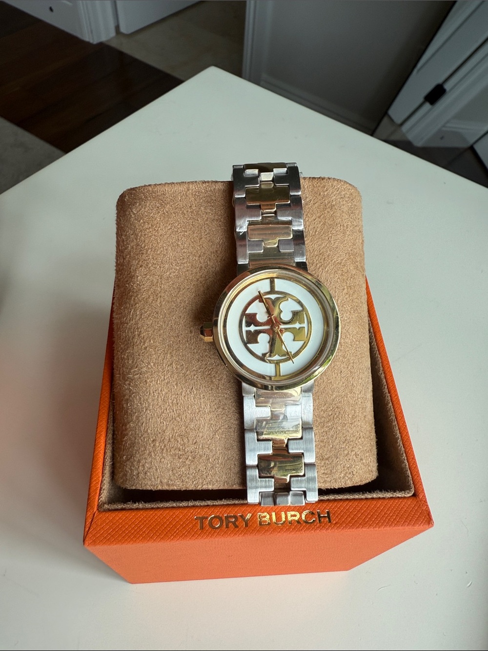 Tory Burch Two-Tone Silver and Gold Logo Bracelet Watch